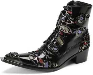 Santimon Men's Fashion Casual Metal-Tip Toe Beaded Zipper Double Buckle Genuine Leather Chelsea Boots Western Hight Top Dancing Boots