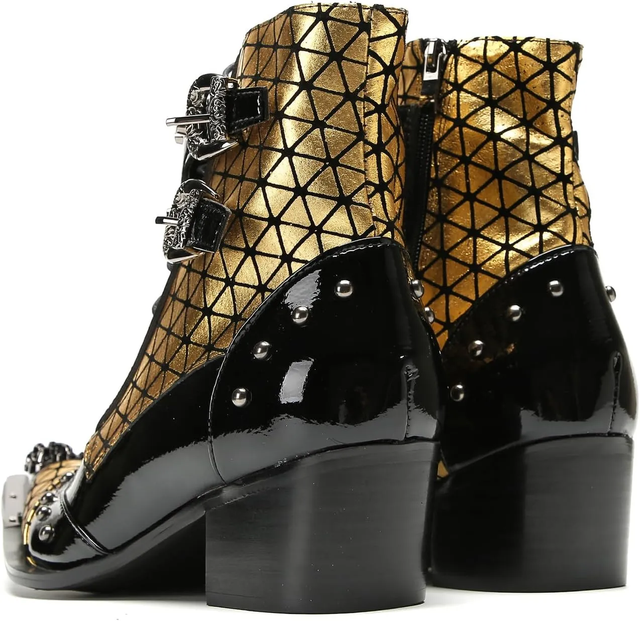 Santimon Men's Fashion Casual Metal-Tip Toe Beaded Zipper Double Buckle Genuine Leather Chelsea Boots Western Hight Top Dancing Boots