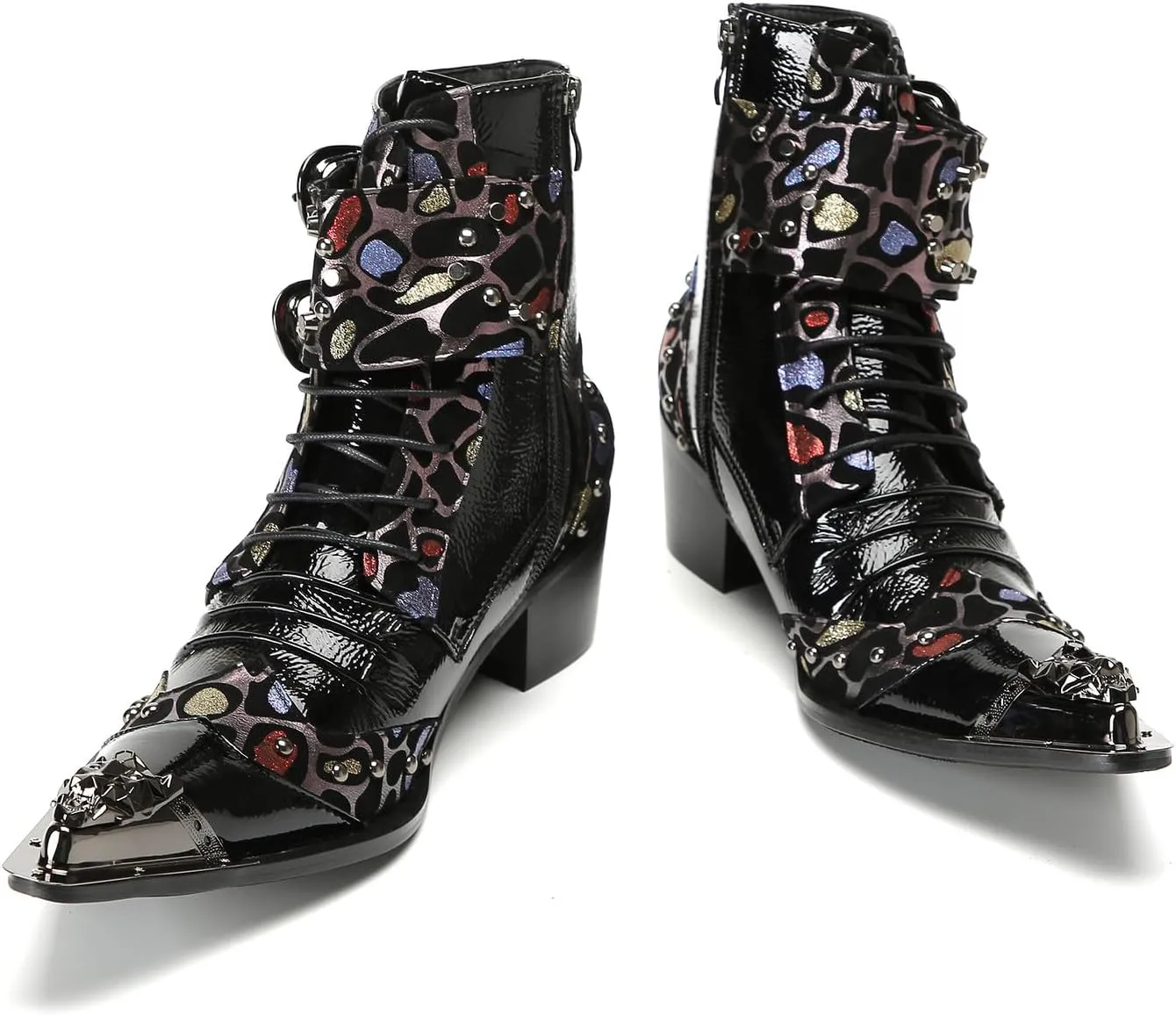 Santimon Men's Fashion Casual Metal-Tip Toe Beaded Zipper Double Buckle Genuine Leather Chelsea Boots Western Hight Top Dancing Boots