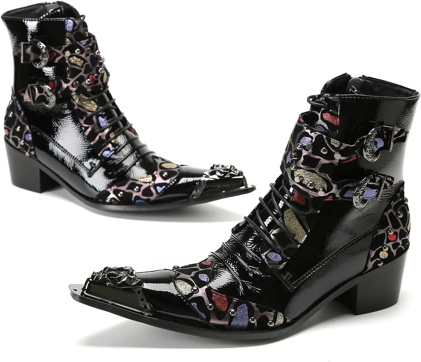 Santimon Men's Fashion Casual Metal-Tip Toe Beaded Zipper Double Buckle Genuine Leather Chelsea Boots Western Hight Top Dancing Boots