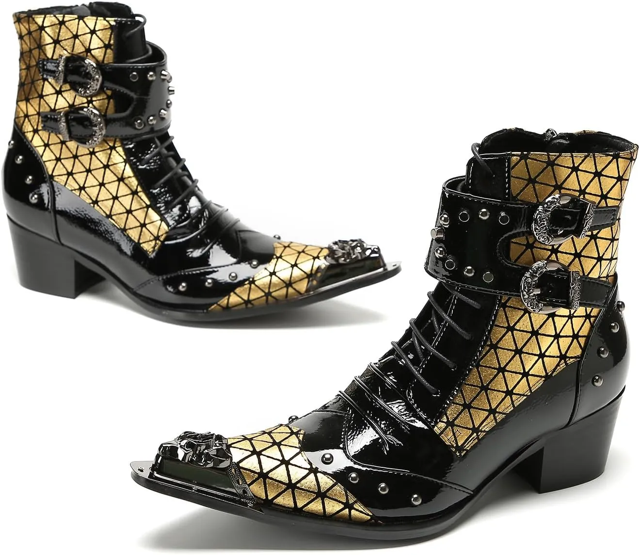 Santimon Men's Fashion Casual Metal-Tip Toe Beaded Zipper Double Buckle Genuine Leather Chelsea Boots Western Hight Top Dancing Boots