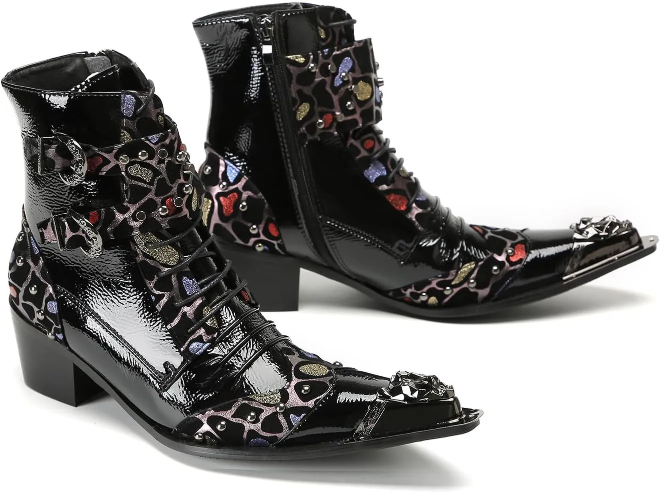 Santimon Men's Fashion Casual Metal-Tip Toe Beaded Zipper Double Buckle Genuine Leather Chelsea Boots Western Hight Top Dancing Boots