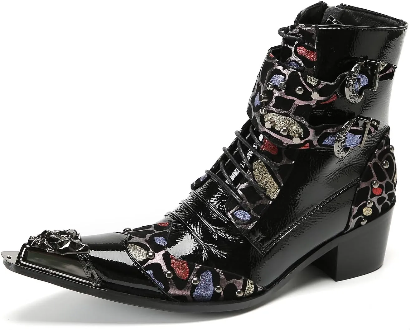 Santimon Men's Fashion Casual Metal-Tip Toe Beaded Zipper Double Buckle Genuine Leather Chelsea Boots Western Hight Top Dancing Boots