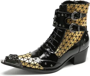 Santimon Men's Fashion Casual Metal-Tip Toe Beaded Zipper Double Buckle Genuine Leather Chelsea Boots Western Hight Top Dancing Boots