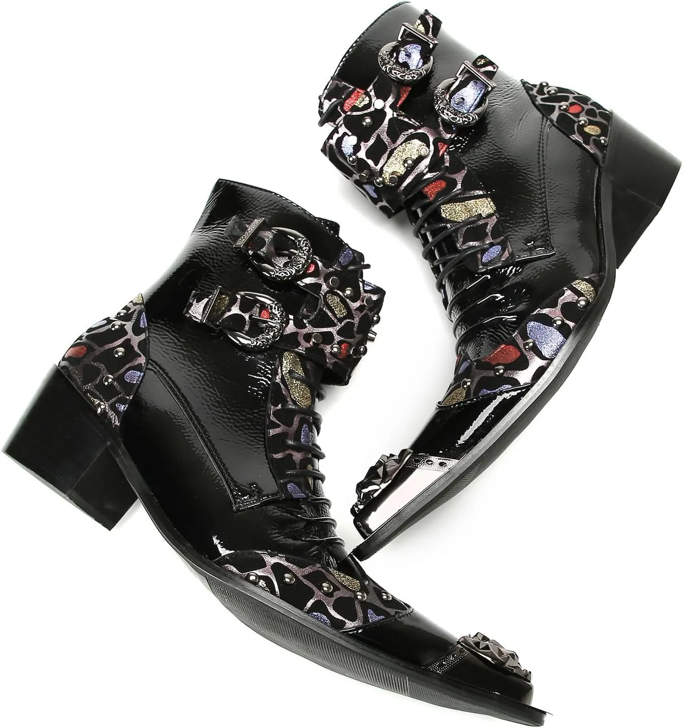 Santimon Men's Fashion Casual Metal-Tip Toe Beaded Zipper Double Buckle Genuine Leather Chelsea Boots Western Hight Top Dancing Boots