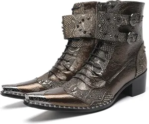 Santimon Men's Genuine Leather Cowboy Boots - Western Dress Boots with Metal Toe & Buckles | Mid-Calf Party, Rock & Motorcycle Boots