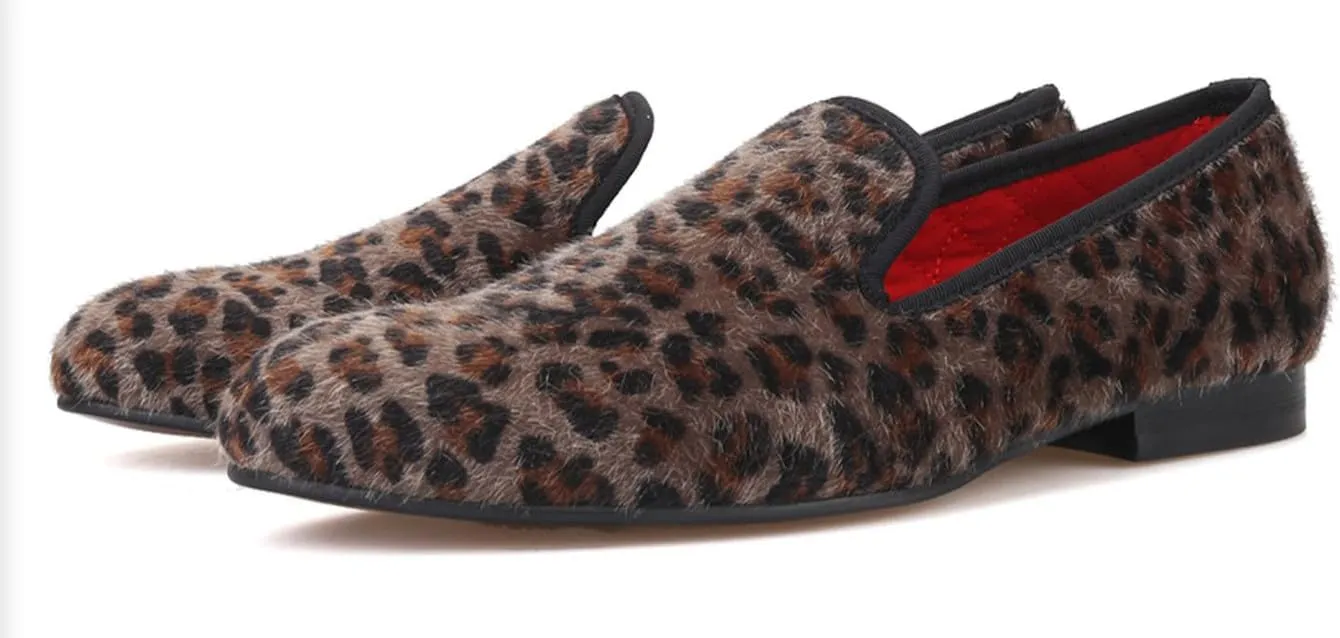 Santimon Men's Slip On Shoes Velvet Penny Loafers - Luxury Leopard Print & Two-Tone Design Suede Moccasins for Wedding & Smoking Party