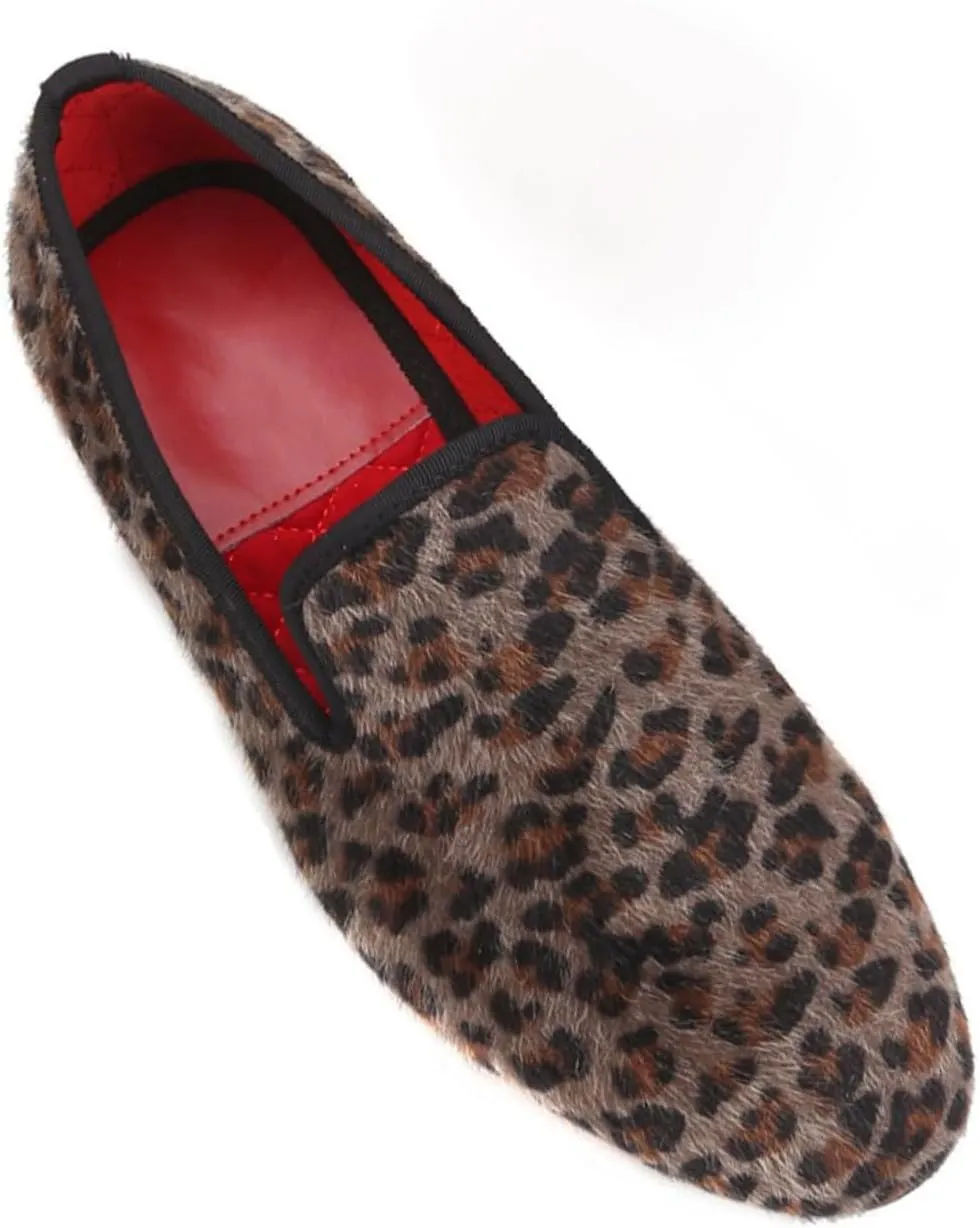 Santimon Men's Slip On Shoes Velvet Penny Loafers - Luxury Leopard Print & Two-Tone Design Suede Moccasins for Wedding & Smoking Party