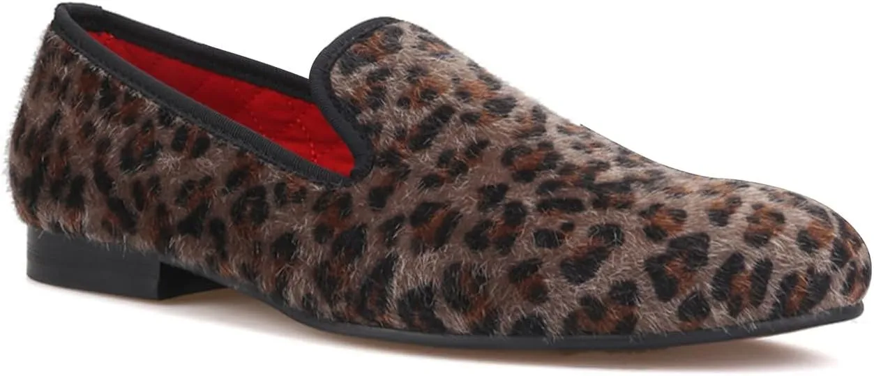 Santimon Men's Slip On Shoes Velvet Penny Loafers - Luxury Leopard Print & Two-Tone Design Suede Moccasins for Wedding & Smoking Party