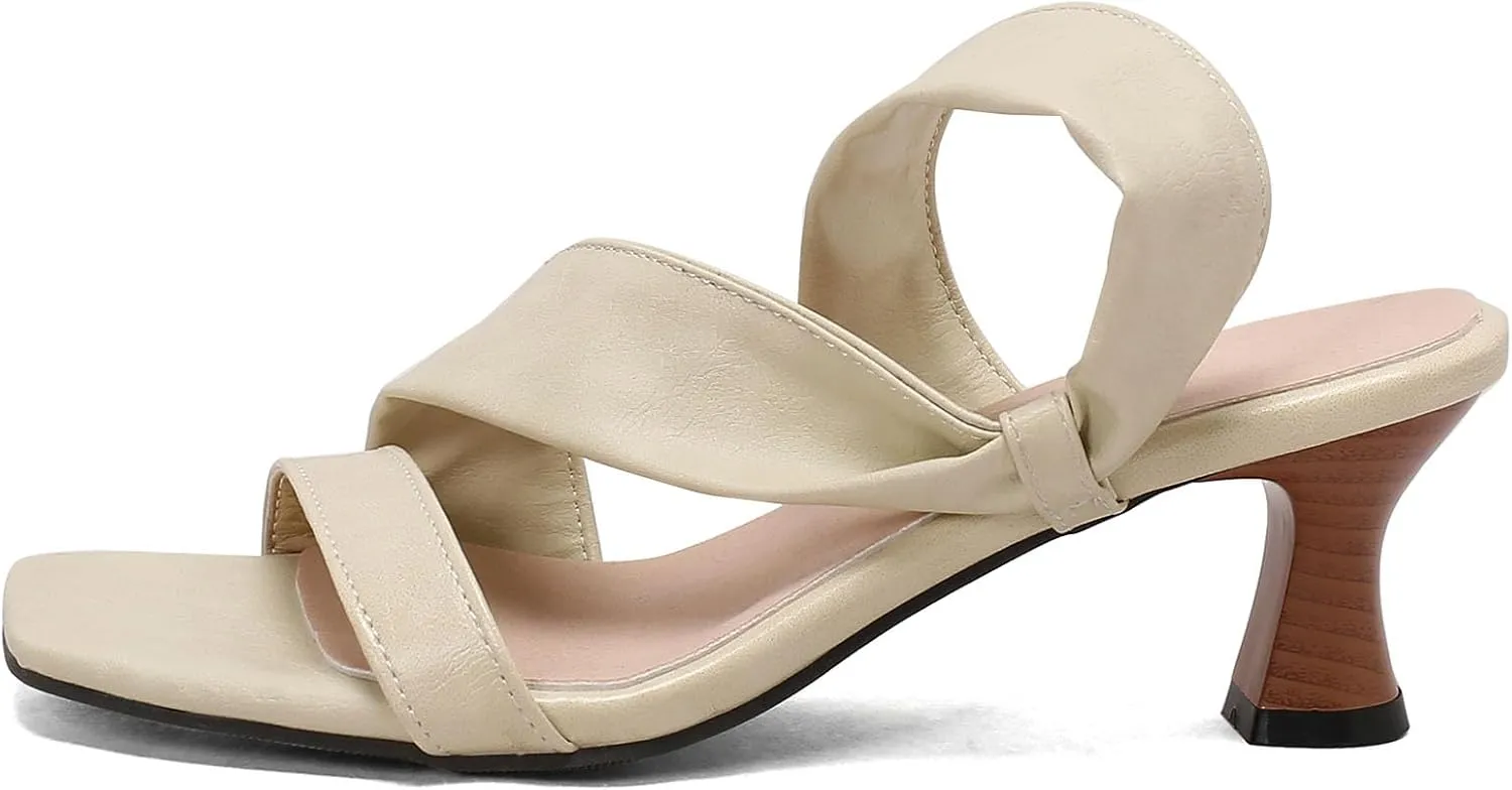 SHEMEE Strappy Heels for Women Square Open Toe Kitten Heels Slide Sandals Heeled Casual Cutout Slip-On Shoes