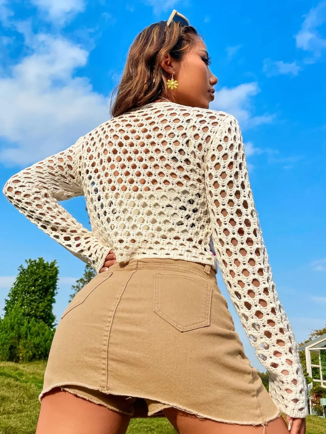 SHENHE Women's Floral Crochet Cardigan Hollow Out V Neck Button Down Long Sleeve Cropped Sweater