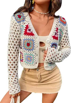 SHENHE Women's Floral Crochet Cardigan Hollow Out V Neck Button Down Long Sleeve Cropped Sweater