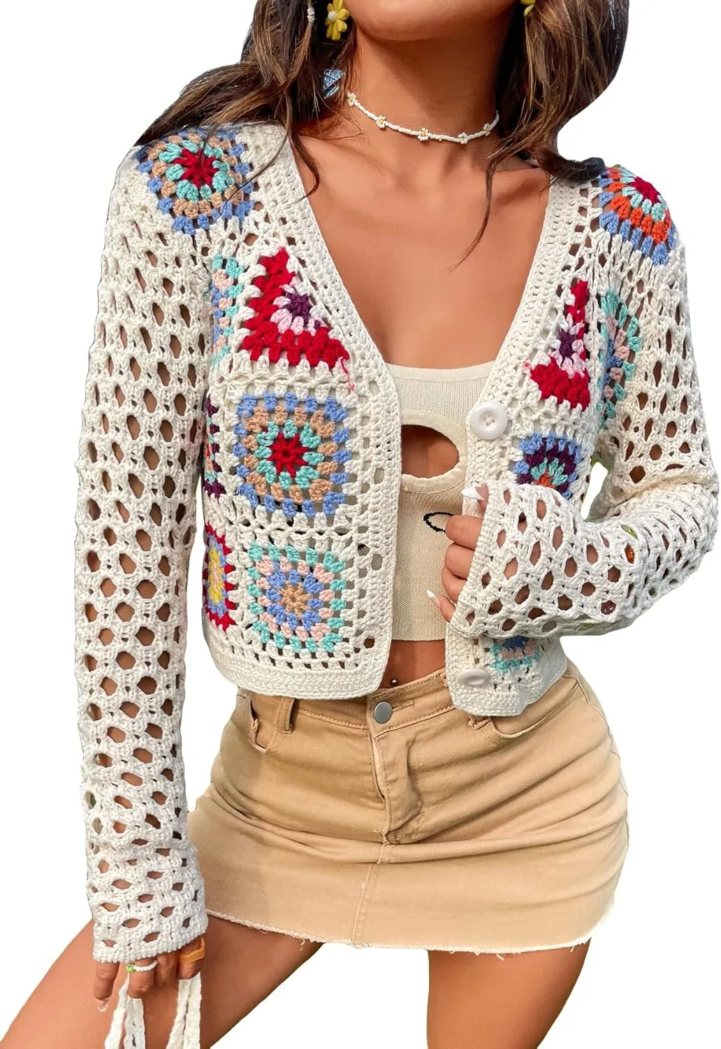 SHENHE Women's Floral Crochet Cardigan Hollow Out V Neck Button Down Long Sleeve Cropped Sweater