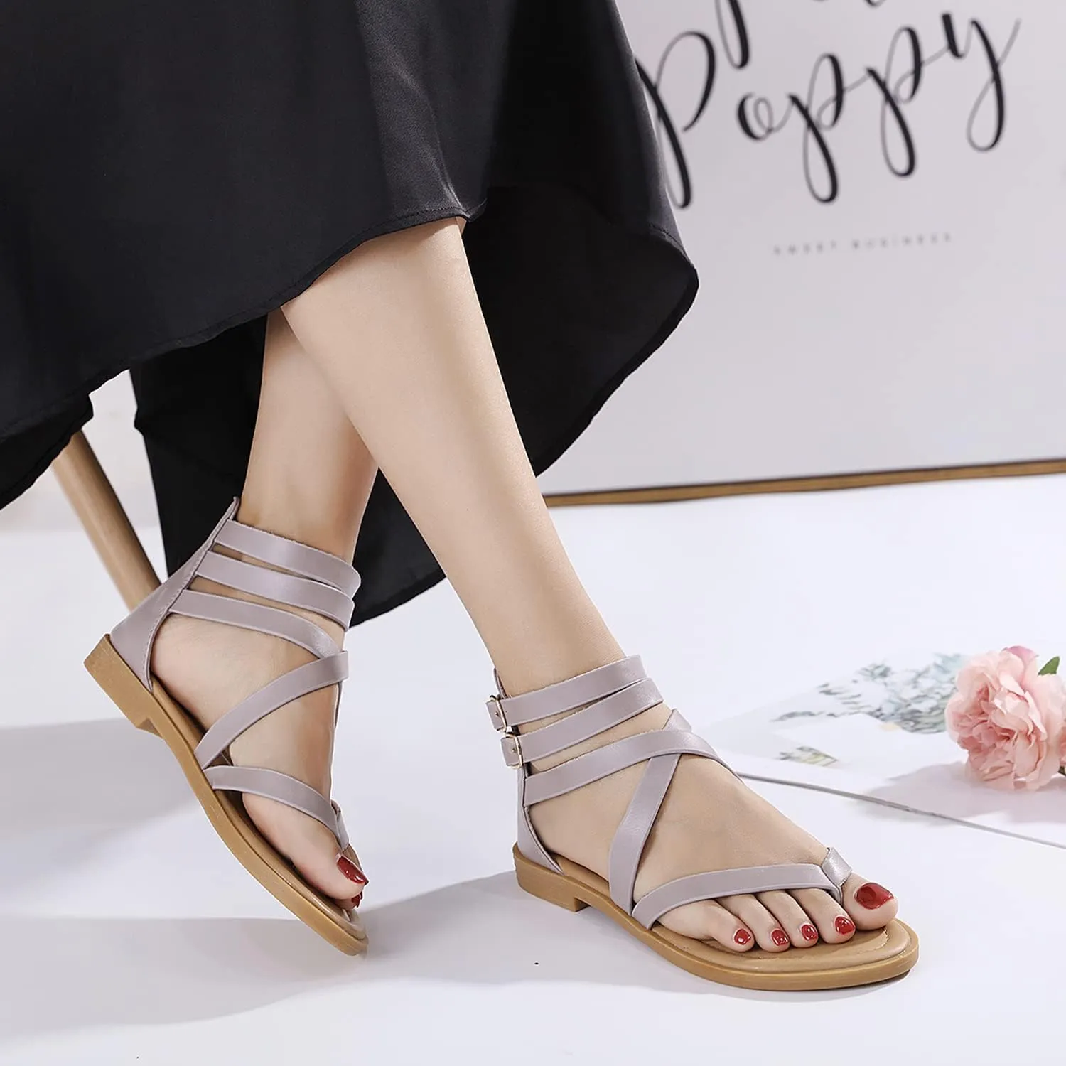 SHIBEVER Gladiator Strappy Sandals for Women: Dressy Summer Comfortable Flat, Back Zipper Roman Comfy Womens Sandals