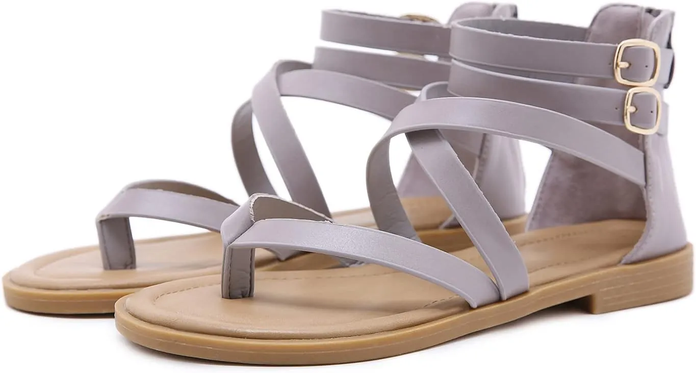 SHIBEVER Gladiator Strappy Sandals for Women: Dressy Summer Comfortable Flat, Back Zipper Roman Comfy Womens Sandals