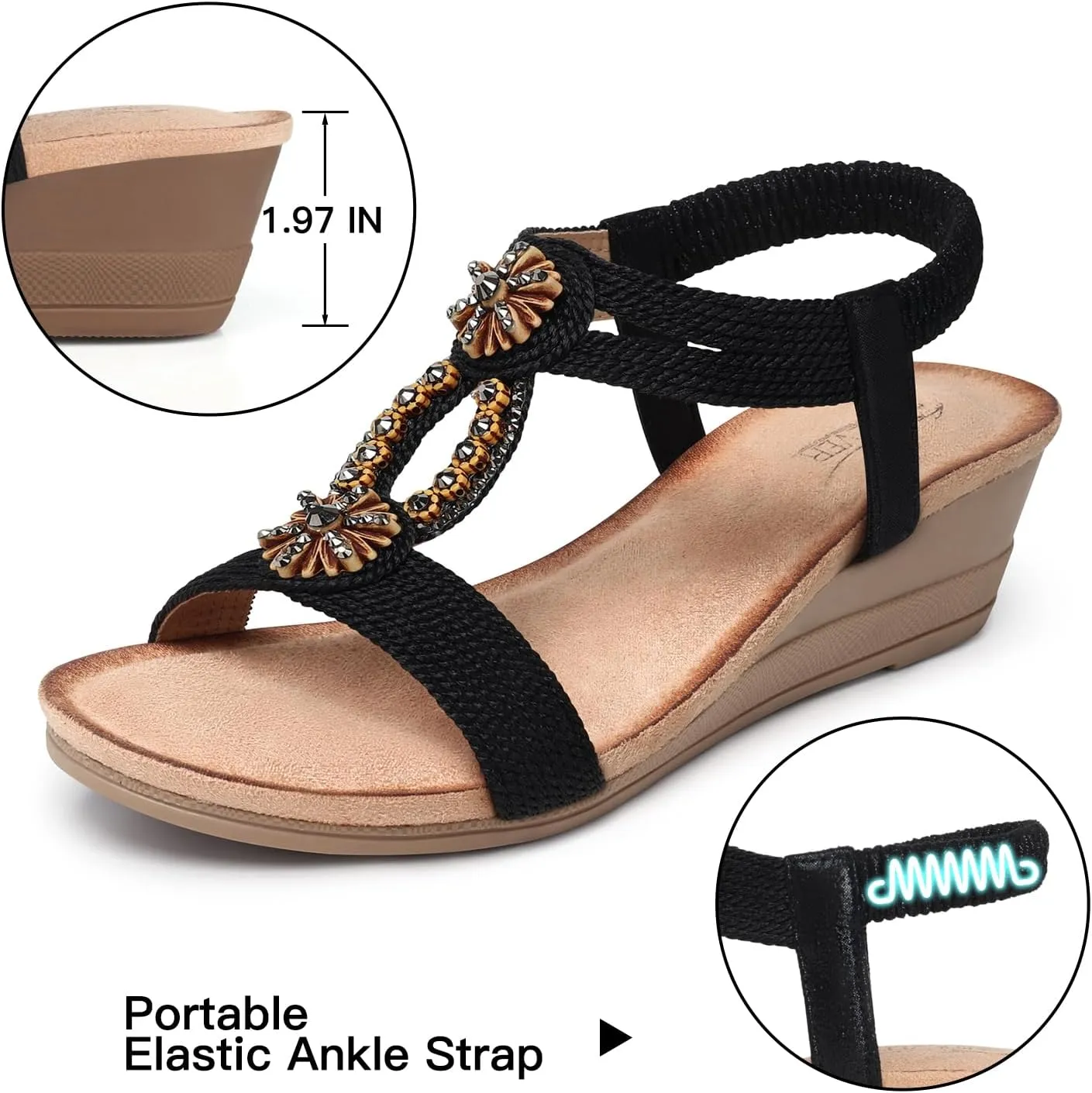 SHIBEVER Womens Wedge Sandals Flower Low Heel Dressy Sandals Elastic Ankle Strap Rhinestone Summer Comfortable Shoe