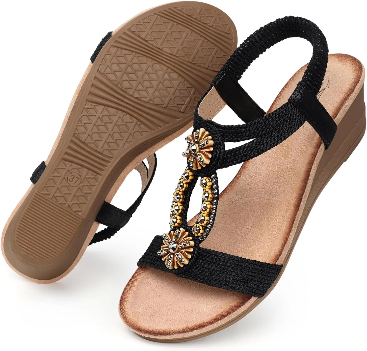 SHIBEVER Womens Wedge Sandals Flower Low Heel Dressy Sandals Elastic Ankle Strap Rhinestone Summer Comfortable Shoe