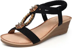 SHIBEVER Womens Wedge Sandals Flower Low Heel Dressy Sandals Elastic Ankle Strap Rhinestone Summer Comfortable Shoe