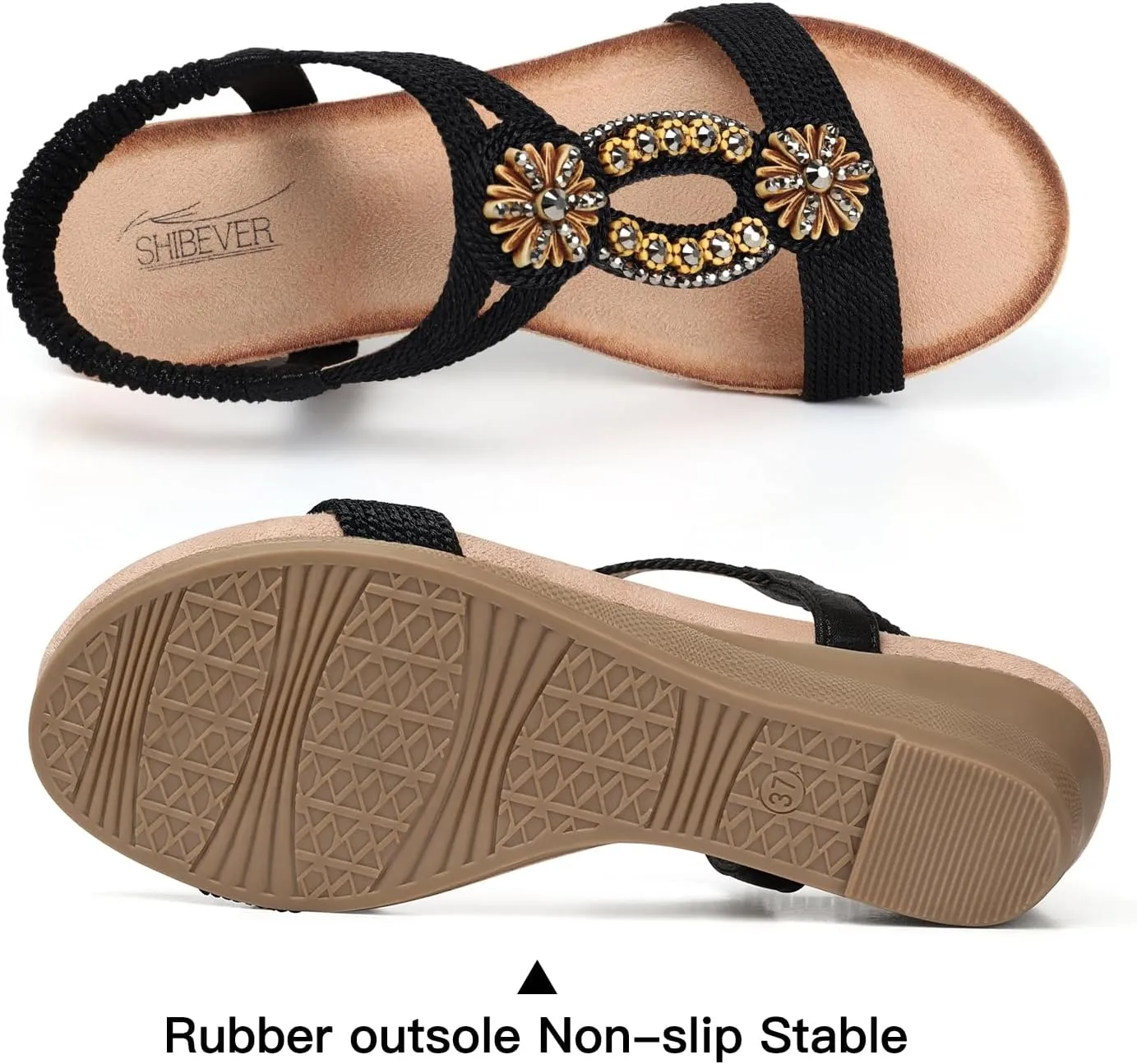 SHIBEVER Womens Wedge Sandals Flower Low Heel Dressy Sandals Elastic Ankle Strap Rhinestone Summer Comfortable Shoe