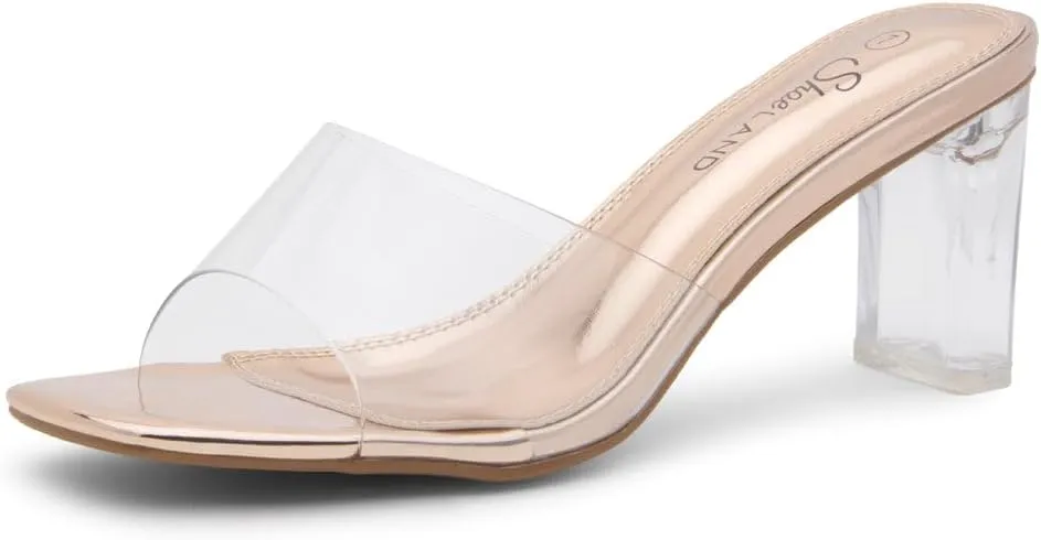 Shoe Land Clear Heels for Women – 3 Inch Chunky Heeled Mules, Transparent Slip-On Square Toe Slides | Dressy Clear Sandals for Wedding, Party & Casual Wear