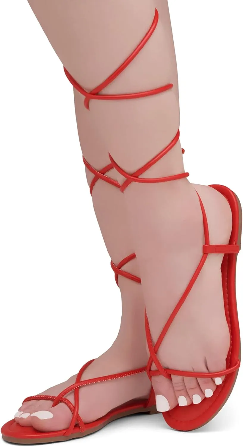Shoe Land Women’s Flat Sandals – Comfortable Lace-Up Gladiator Sandals with Adjustable Ankle Wrap | Strappy Crisscross Open Toe Tie-Up Shoes for Summer, Beach & Travel