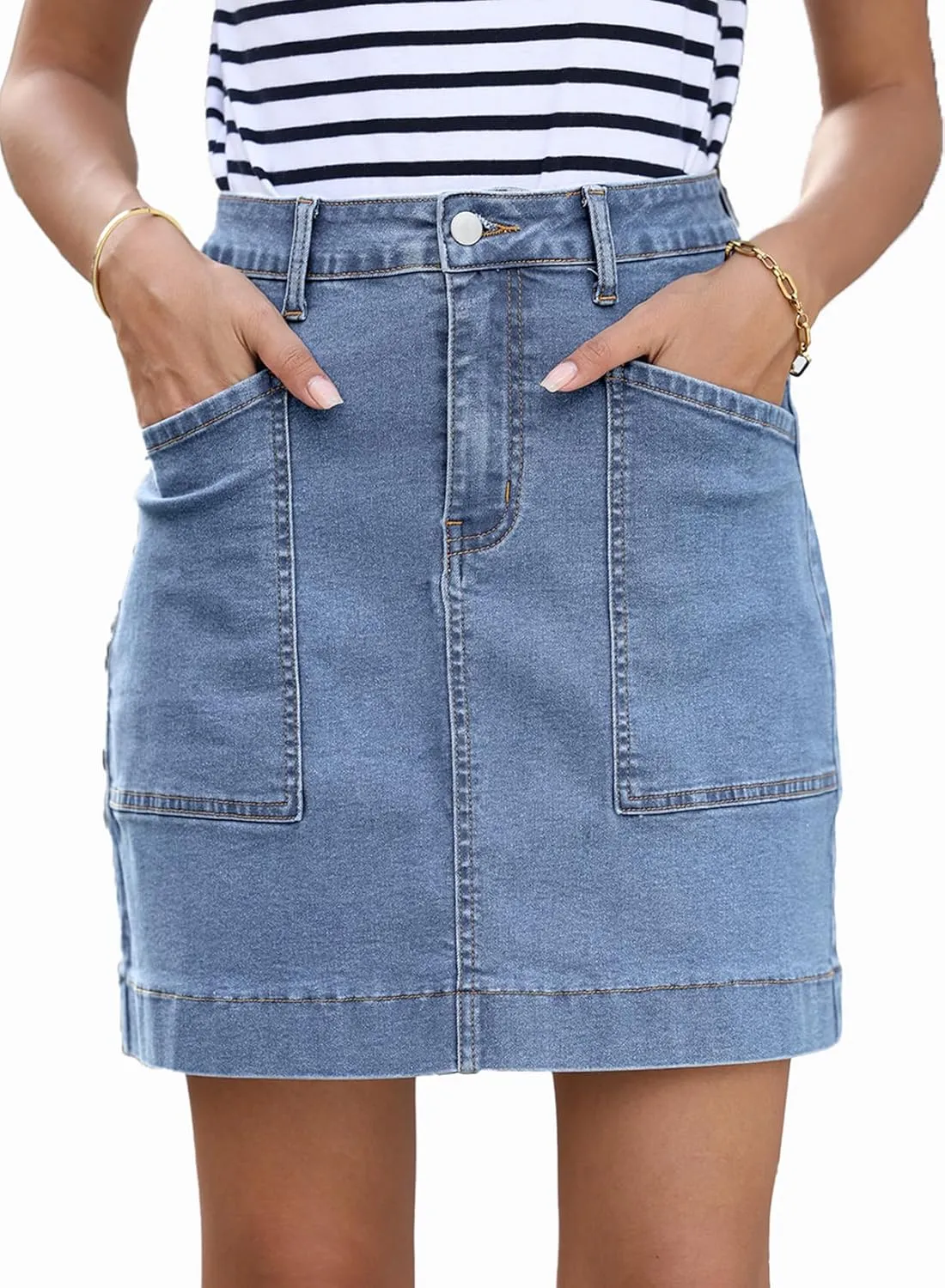 Sidefeel Women's Jean Skirt High Waisted Stretch Casual Summer Zimbaplatinum Denim Skirt with Pockets