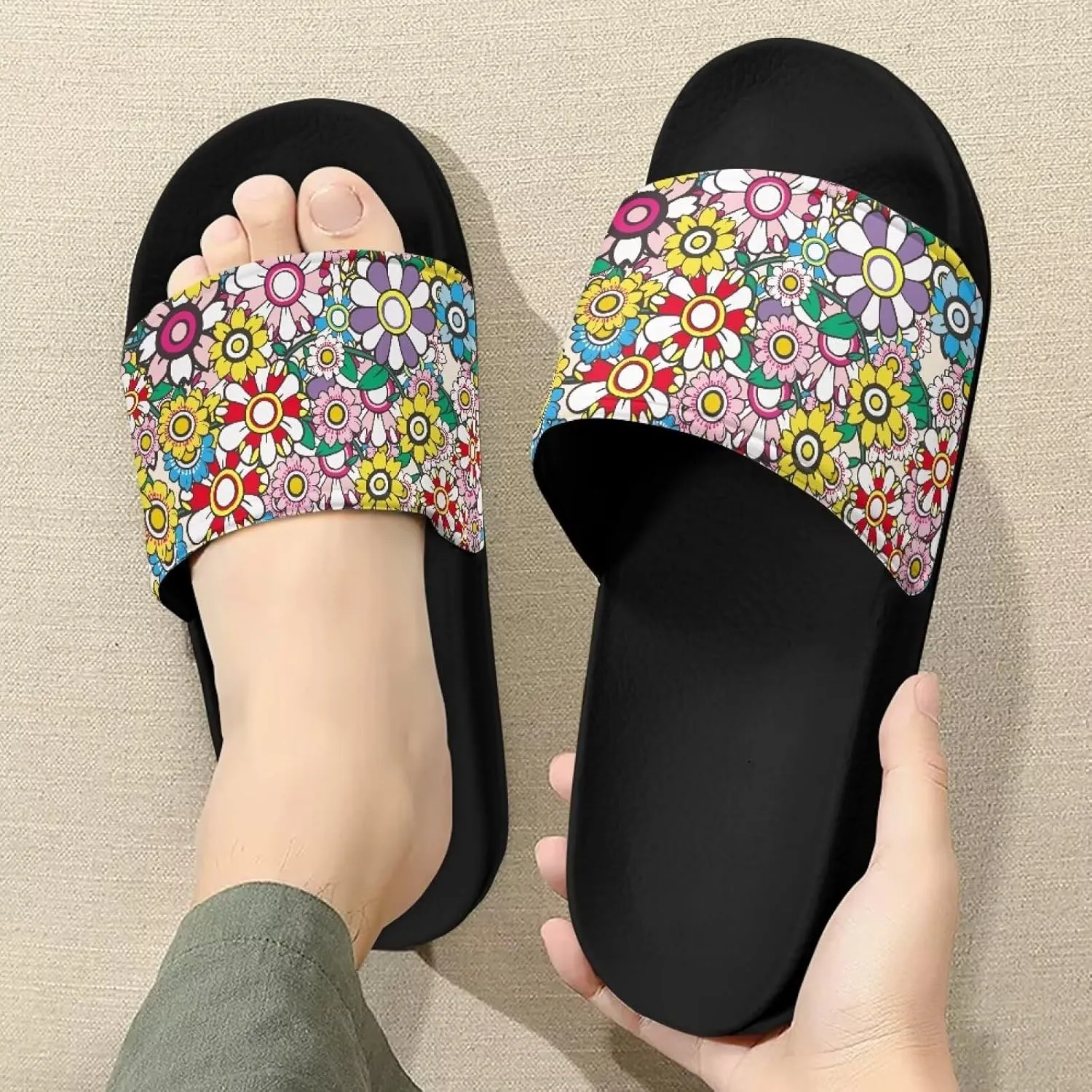 Slide Sandals, Beach Flats for Women, Comfotable Open Toe Non Slip Summer Shoes for Gym, Pool, Camping, Beach