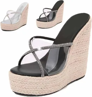 Slip On Espadrilles Wedge Platform Sandals Women’s Clear Strap Espadrille Slide, Boho Summer Beach Mule