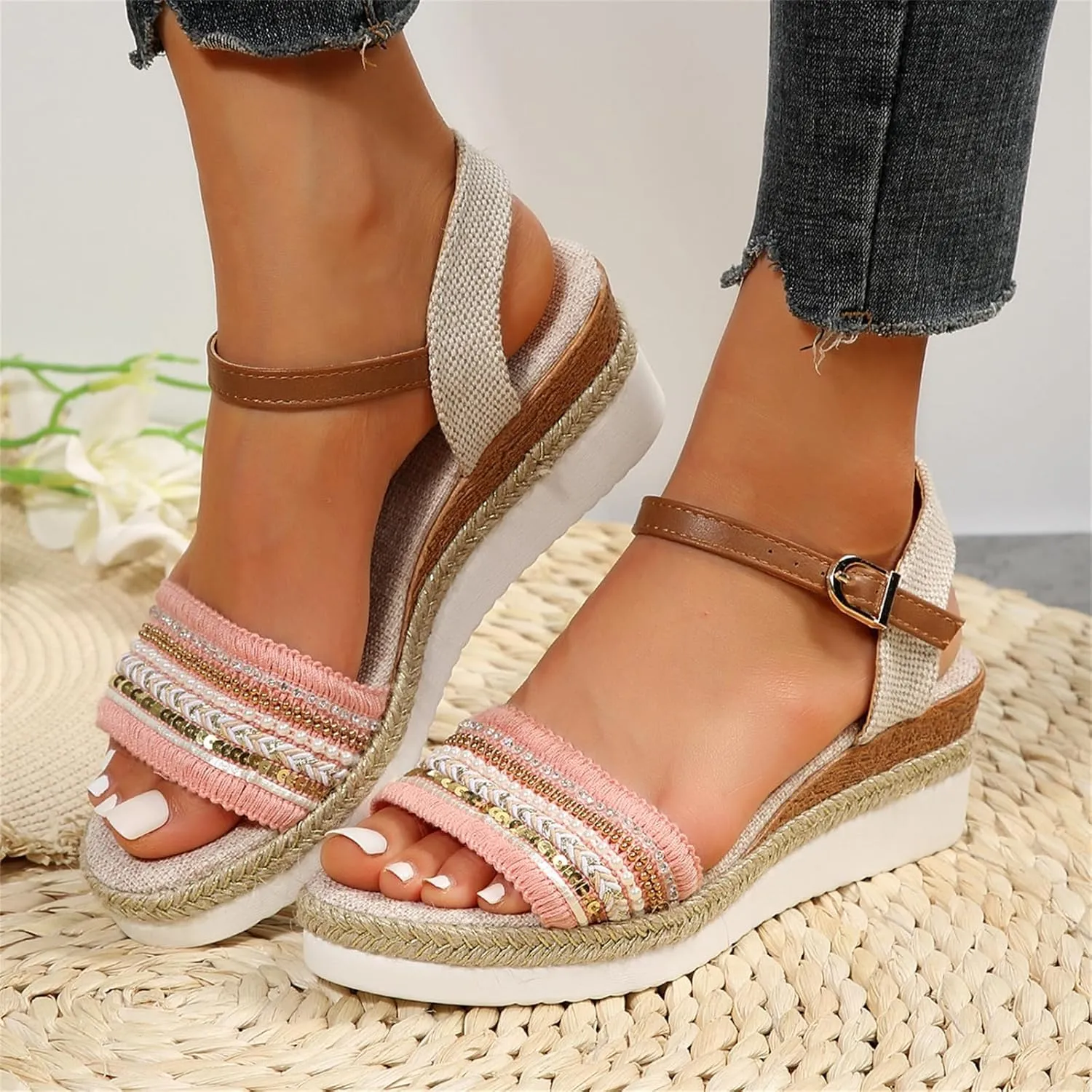 Slip On Wedge Sandals for Women Orthopedic Open Toe Espadrilles Platform Sandals Beach Casual Slides Dressy Walking Sandal Fashion Ankle Strap Pearl Outdoor Shoes