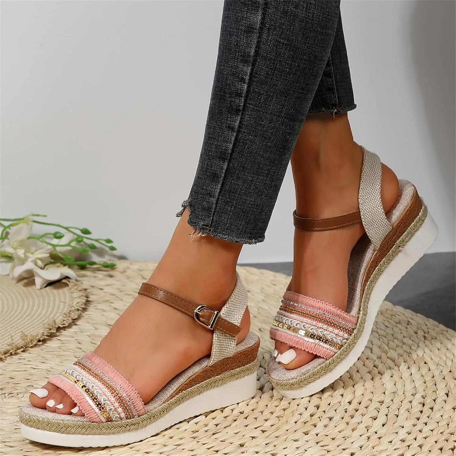 Slip On Wedge Sandals for Women Orthopedic Open Toe Espadrilles Platform Sandals Beach Casual Slides Dressy Walking Sandal Fashion Ankle Strap Pearl Outdoor Shoes