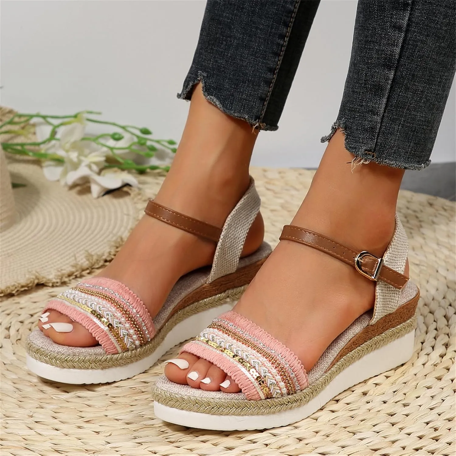 Slip On Wedge Sandals for Women Orthopedic Open Toe Espadrilles Platform Sandals Beach Casual Slides Dressy Walking Sandal Fashion Ankle Strap Pearl Outdoor Shoes