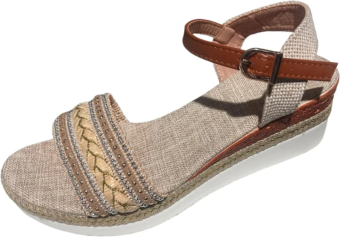Slip On Wedge Sandals for Women Orthopedic Open Toe Espadrilles Platform Sandals Beach Casual Slides Dressy Walking Sandal Fashion Ankle Strap Pearl Outdoor Shoes
