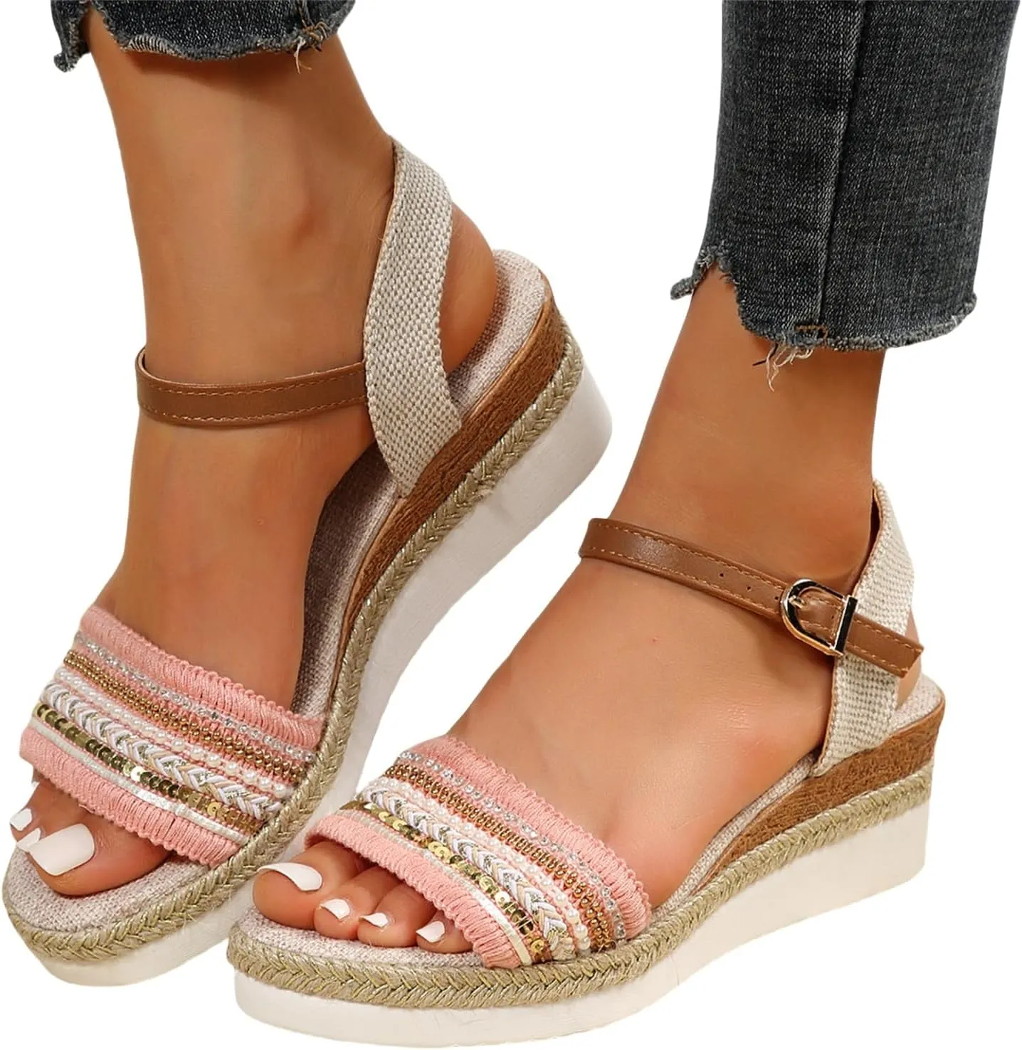 Slip On Wedge Sandals for Women Orthopedic Open Toe Espadrilles Platform Sandals Beach Casual Slides Dressy Walking Sandal Fashion Ankle Strap Pearl Outdoor Shoes