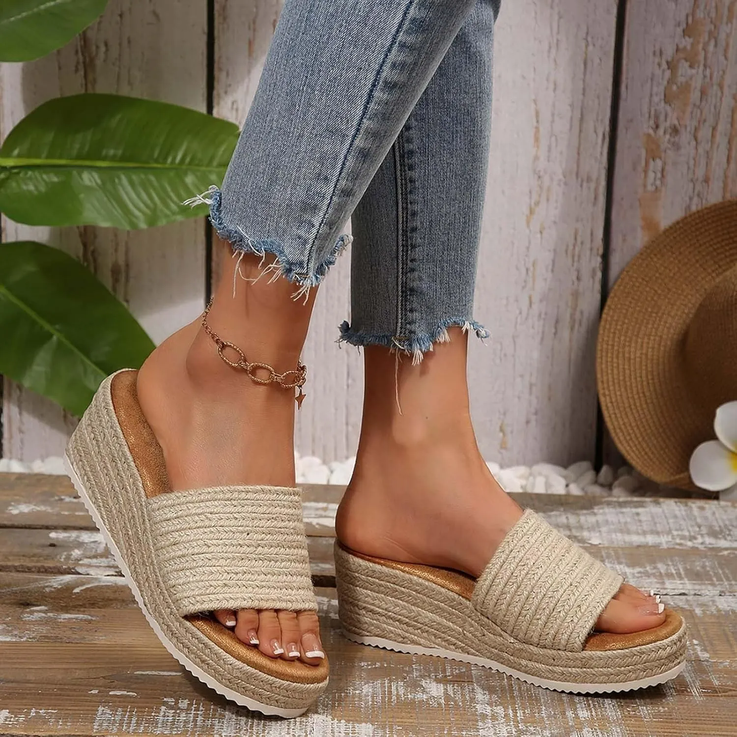 Slip On Wedge Sandals for Women Womens Platform Sandals Slides Open Toe Comfortable Espadrilles Wedges Dressy Summer Mules Braided Straps High Heel Beach Resort Slides With Woven Upper