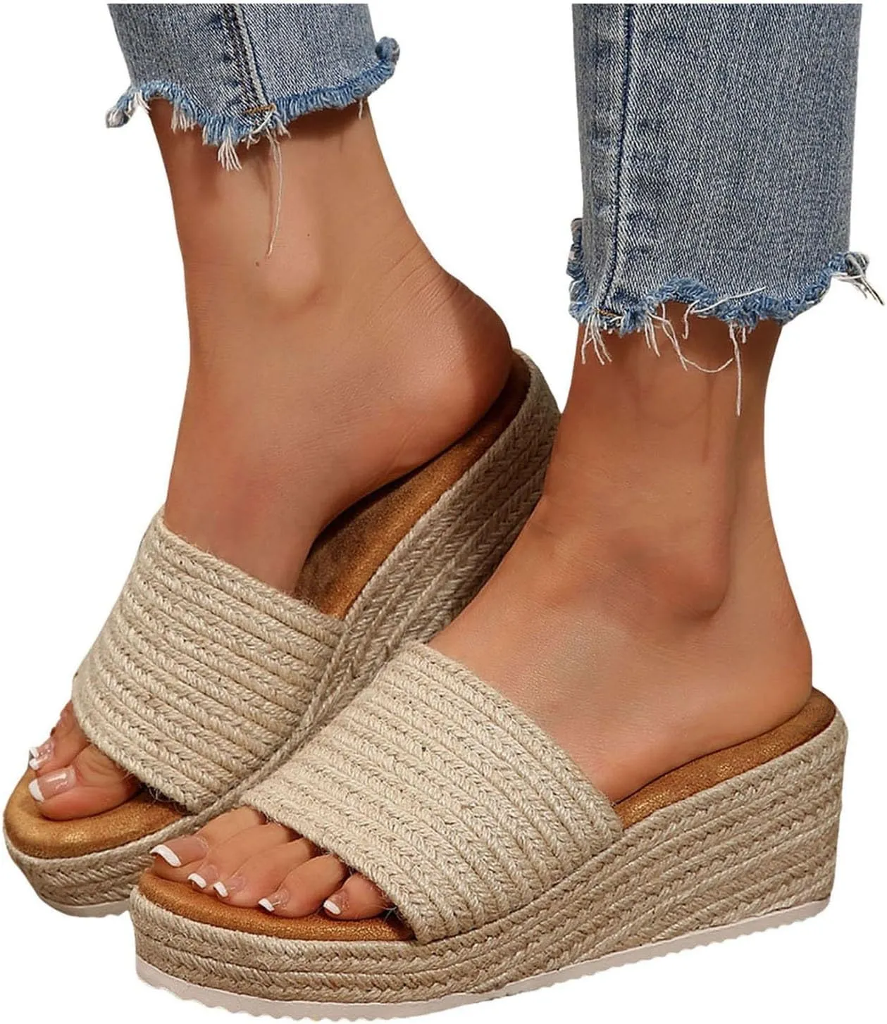 Slip On Wedge Sandals for Women Womens Platform Sandals Slides Open Toe Comfortable Espadrilles Wedges Dressy Summer Mules Braided Straps High Heel Beach Resort Slides With Woven Upper