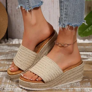 Slip On Wedge Sandals for Women Womens Platform Sandals Slides Open Toe Comfortable Espadrilles Wedges Dressy Summer Mules Braided Straps High Heel Beach Resort Slides With Woven Upper