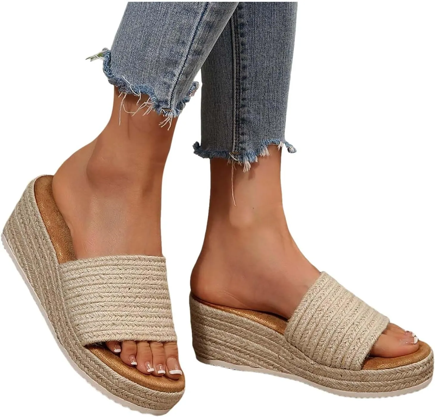 Slip On Wedge Sandals for Women Womens Platform Sandals Slides Open Toe Comfortable Espadrilles Wedges Dressy Summer Mules Braided Straps High Heel Beach Resort Slides With Woven Upper
