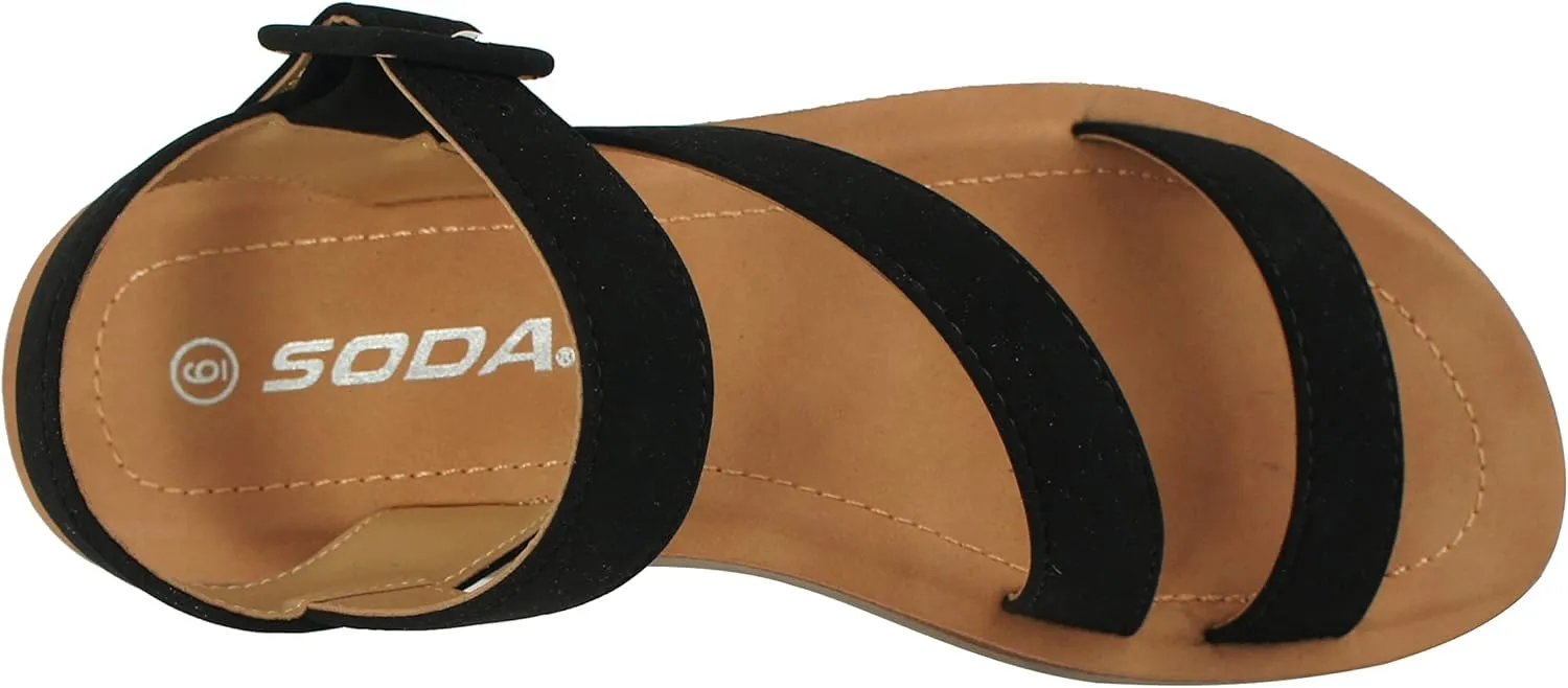 Soda SOCIETY - Cute and trendy fashionable flat strap sandals with side buckle clasp Summer Spring Beach Shoes for Women Girls & Teens