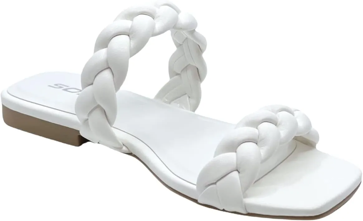 Soda Women's Square Open Toe Flat Sandals Braided Strap Slip-on Slides Woven Sandals Vault White 7