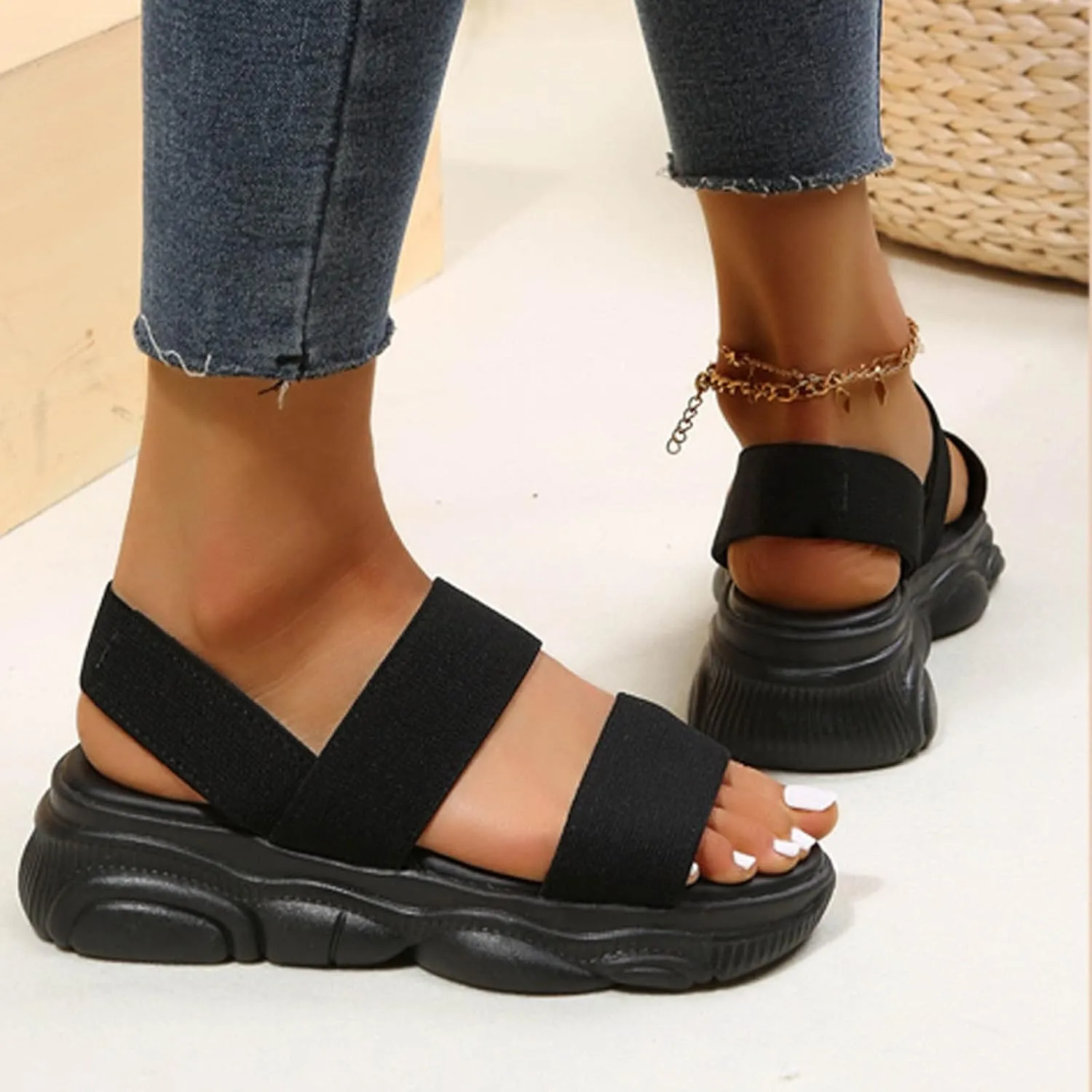Sports Sandals for Women Platform Summer Casual Elastic Straps Fish Mouth Open Toe Slip-on Sandals Eva Solid Comfy Soft Sole Non-Slip Beach Shoes