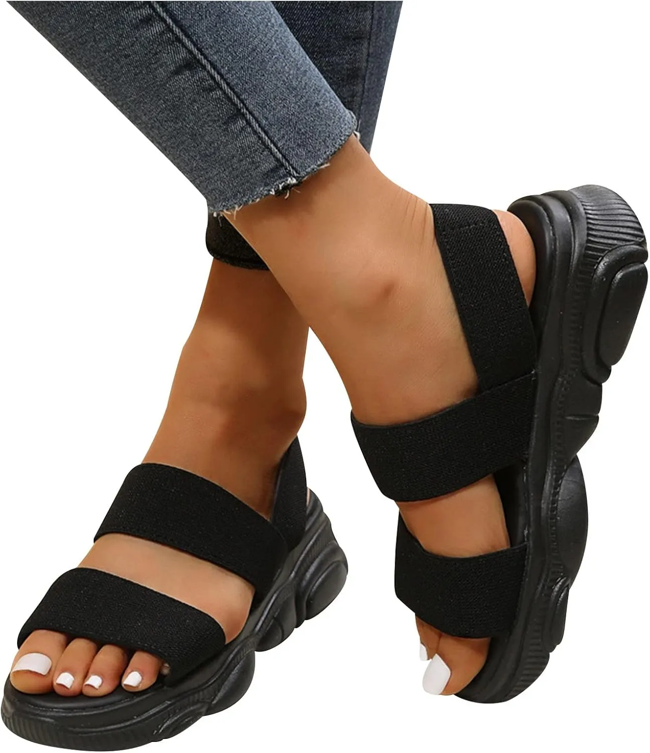 Sports Sandals for Women Platform Summer Casual Elastic Straps Fish Mouth Open Toe Slip-on Sandals Eva Solid Comfy Soft Sole Non-Slip Beach Shoes