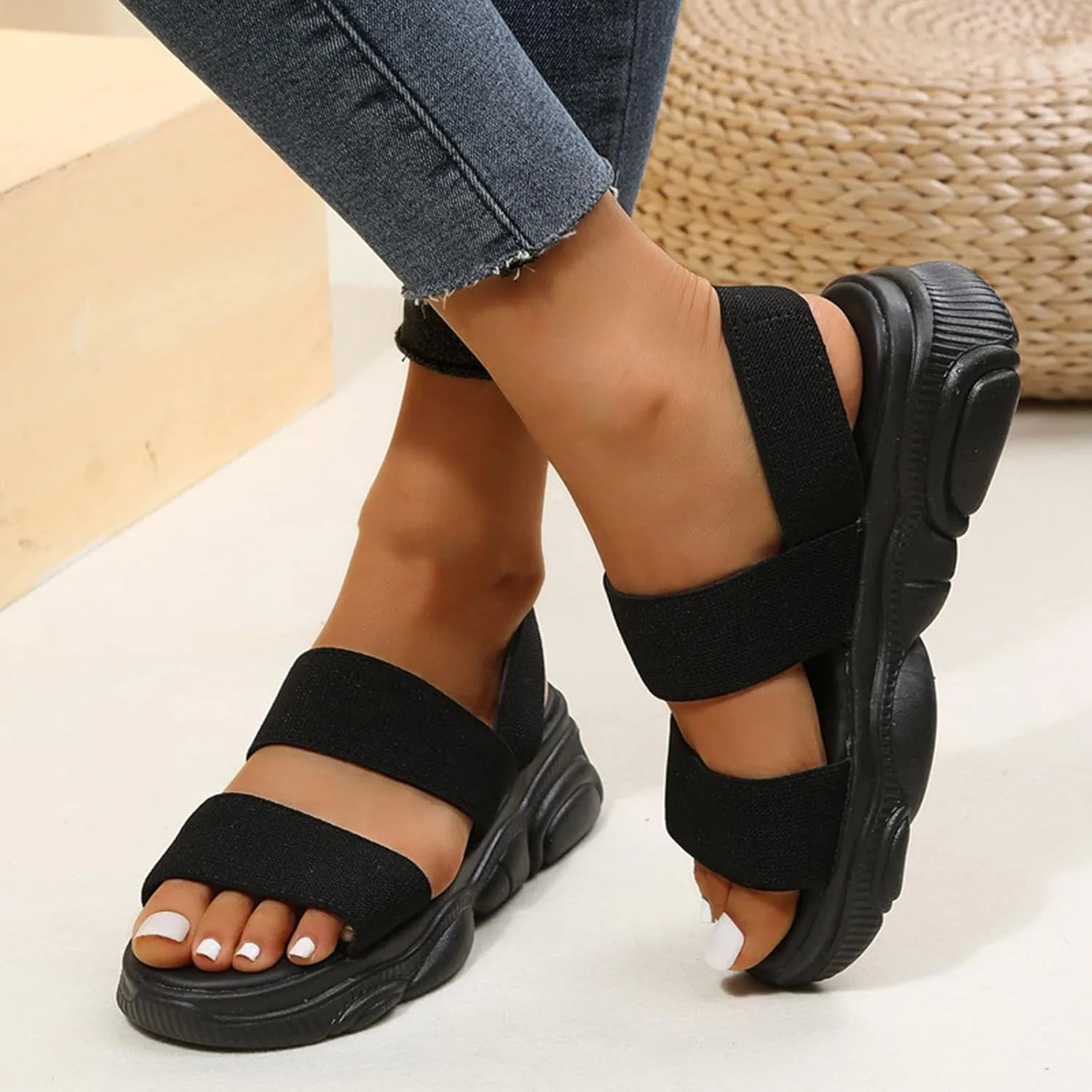Sports Sandals for Women Platform Summer Casual Elastic Straps Fish Mouth Open Toe Slip-on Sandals Eva Solid Comfy Soft Sole Non-Slip Beach Shoes