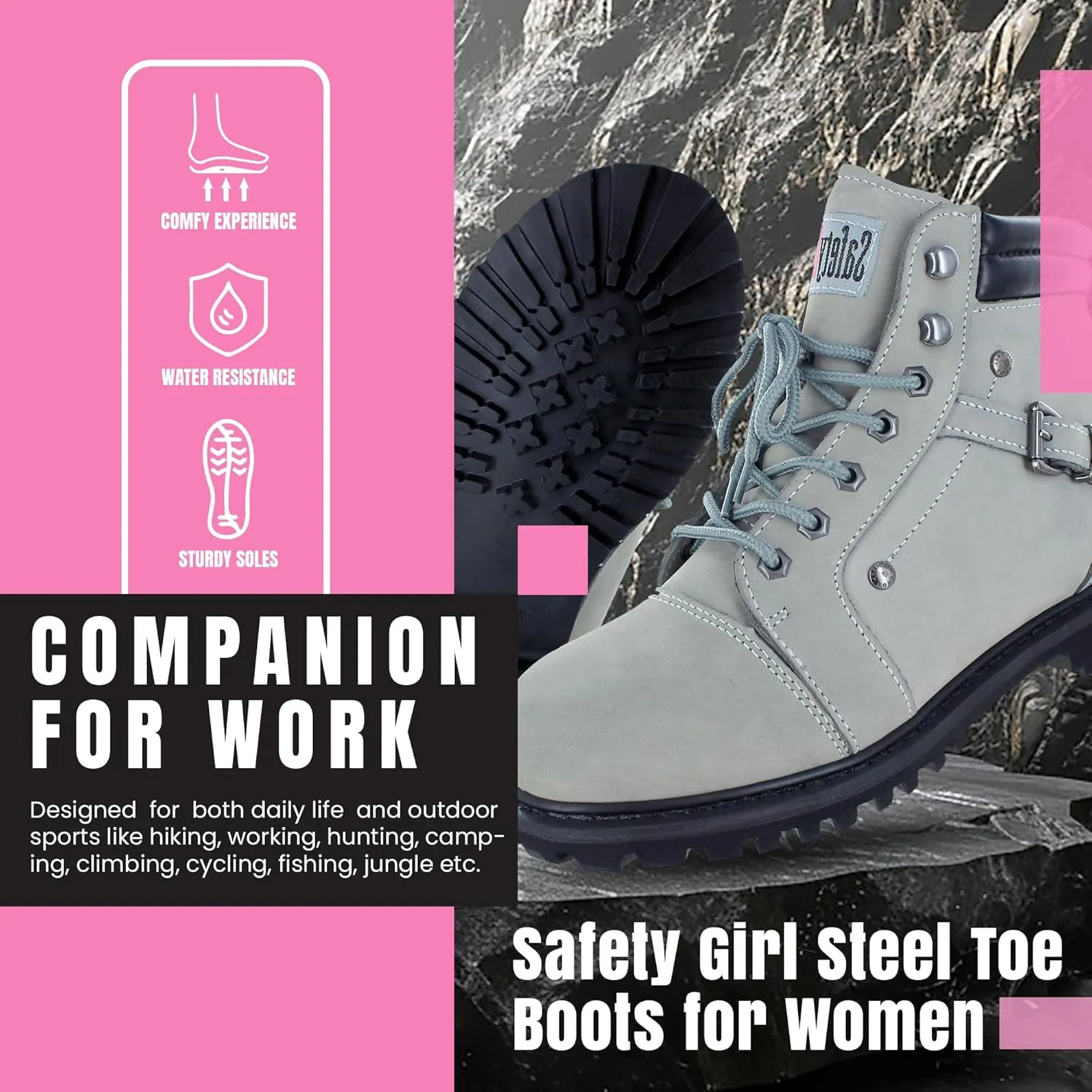 Steel Toe Boots for Women - Light Gray - 10M | Waterproof Women's Fusion Work Boots | Leather Work Boots | Rugged Goodyear Welt Construction | Oil Resistant Outsoles & Cushioned Insoles