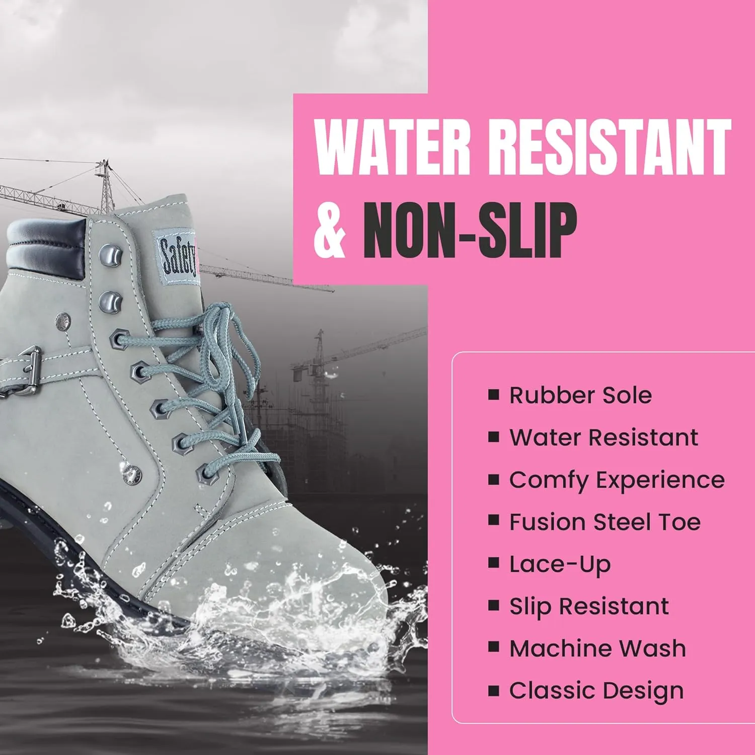 Steel Toe Boots for Women - Light Gray - 10M | Waterproof Women's Fusion Work Boots | Leather Work Boots | Rugged Goodyear Welt Construction | Oil Resistant Outsoles & Cushioned Insoles