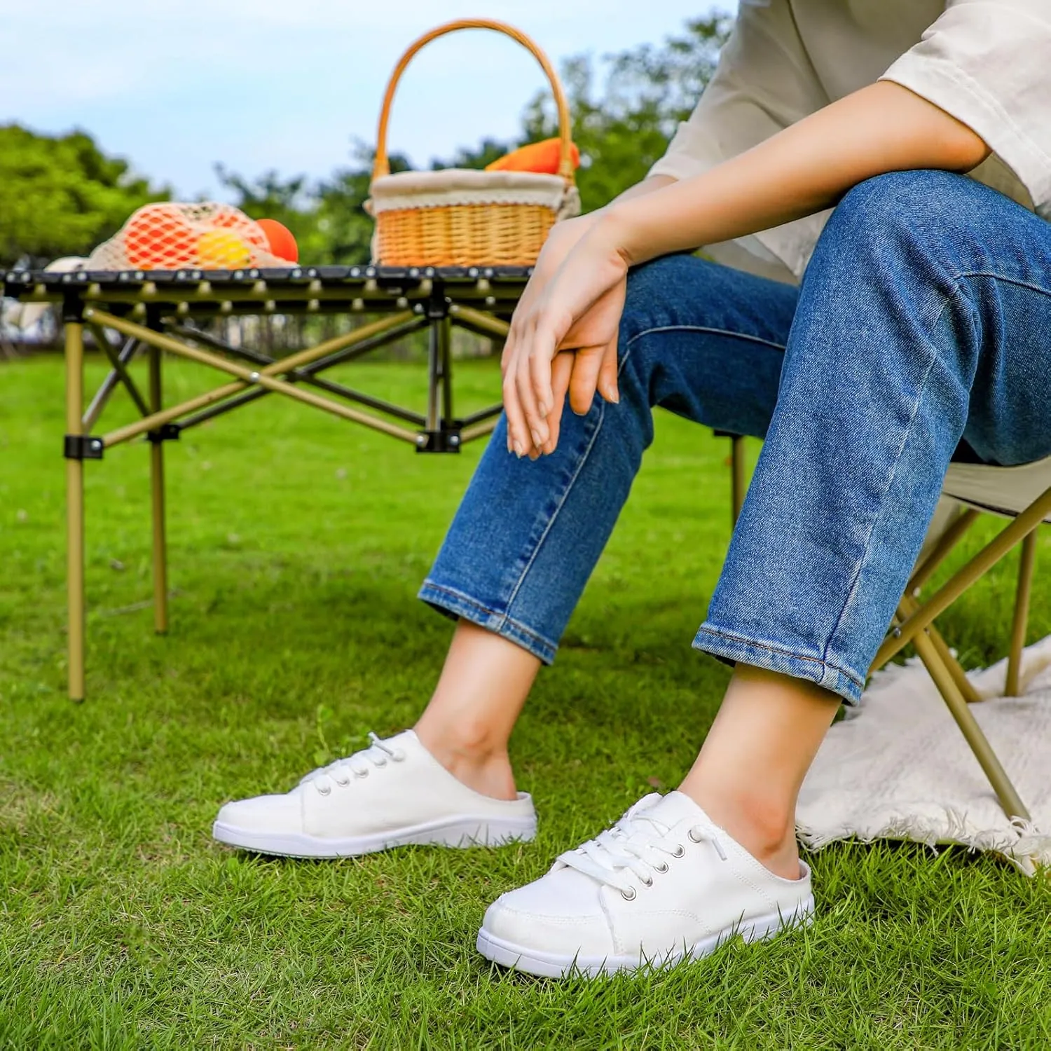 STQ White Slip On Sneakers for Women Memory Foam Backless Canvas Shoes Cute Casual Mules, Vanilla White Size 8.5