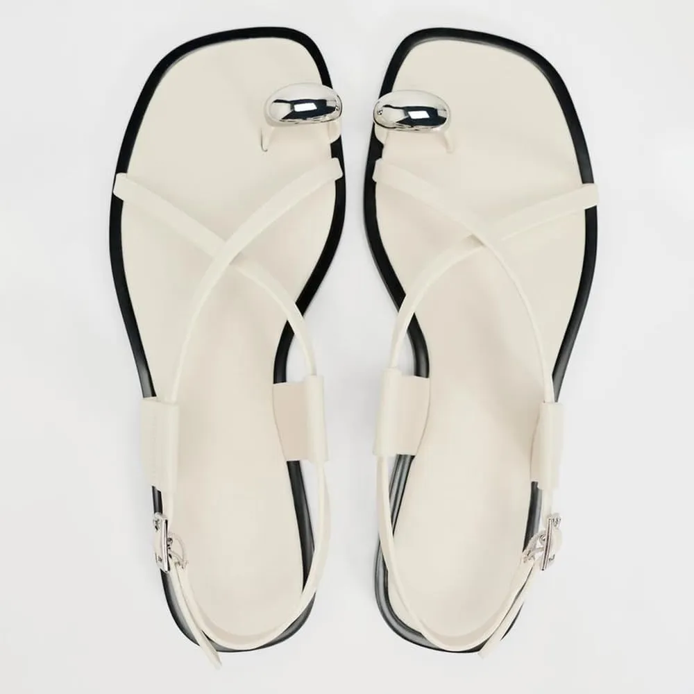 Strappy Flat Sandals for Women Open Square Toe Silver Ball Flip Flop Sandal with Ankle Buckle Summer Beach Gladiator Shoes