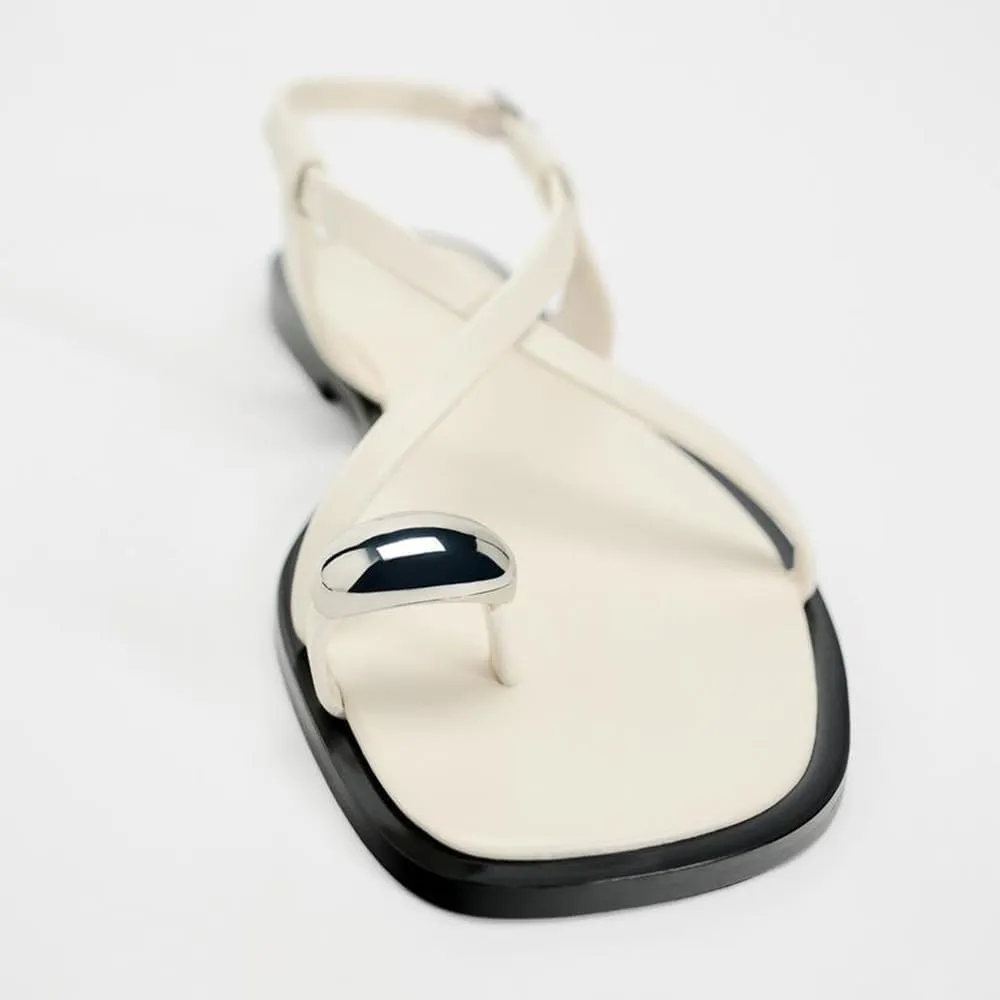 Strappy Flat Sandals for Women Open Square Toe Silver Ball Flip Flop Sandal with Ankle Buckle Summer Beach Gladiator Shoes