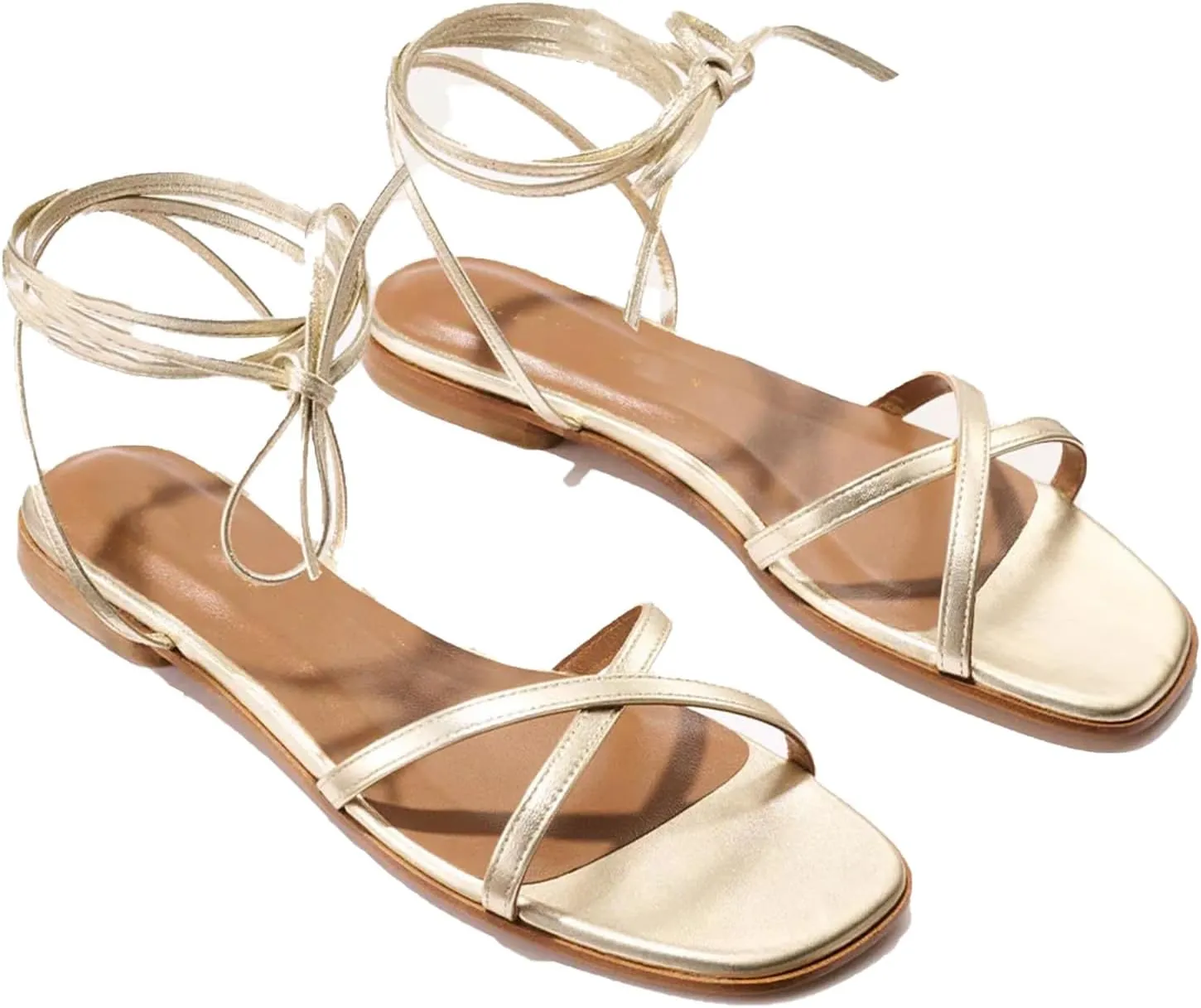 Strappy Flats Sandals for Women Leather Lace Up Flat Sandals Gladiator Square Toe Casual Beach Summer Shoes