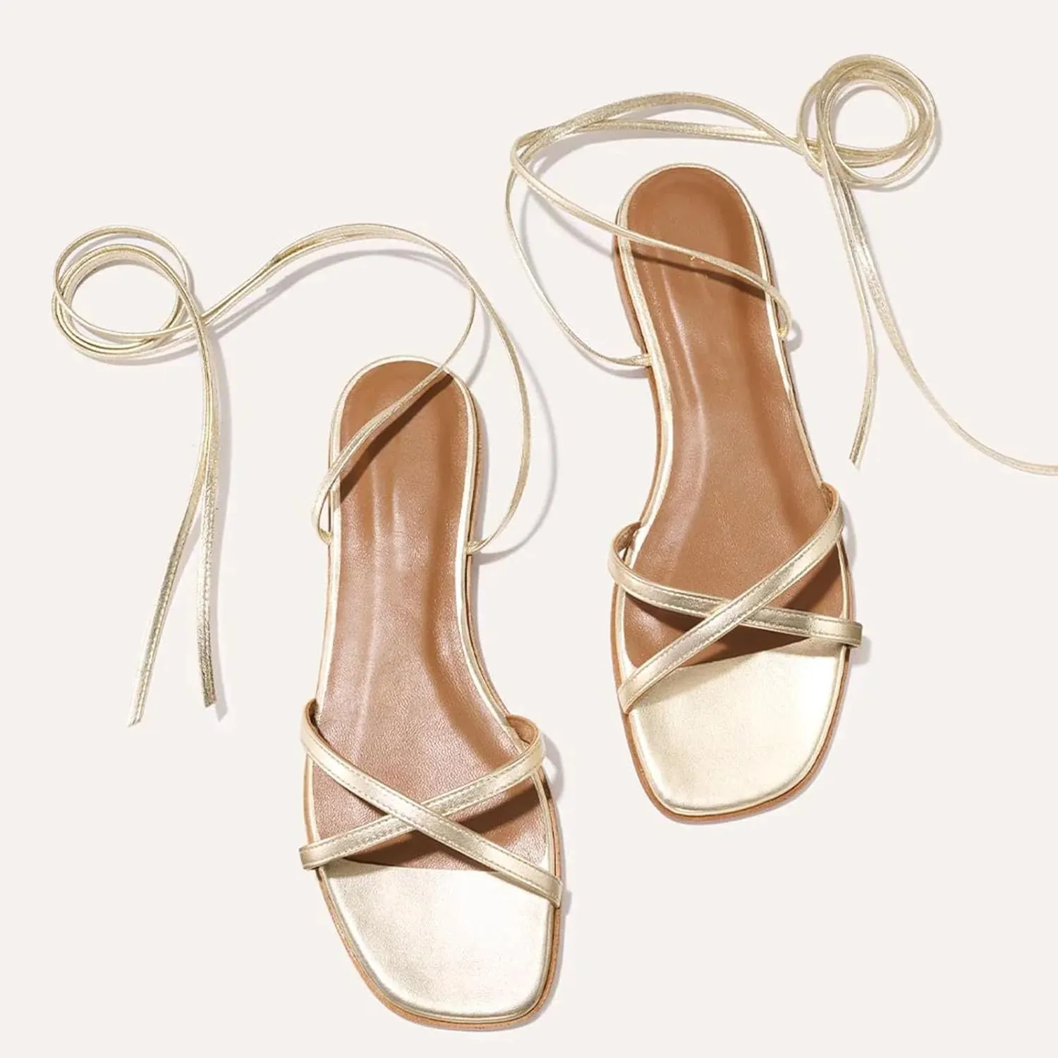 Strappy Flats Sandals for Women Leather Lace Up Flat Sandals Gladiator Square Toe Casual Beach Summer Shoes