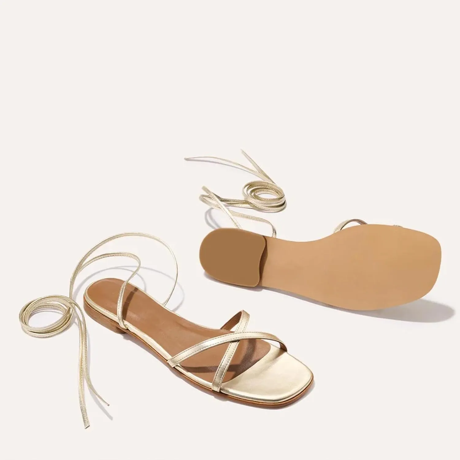 Strappy Flats Sandals for Women Leather Lace Up Flat Sandals Gladiator Square Toe Casual Beach Summer Shoes